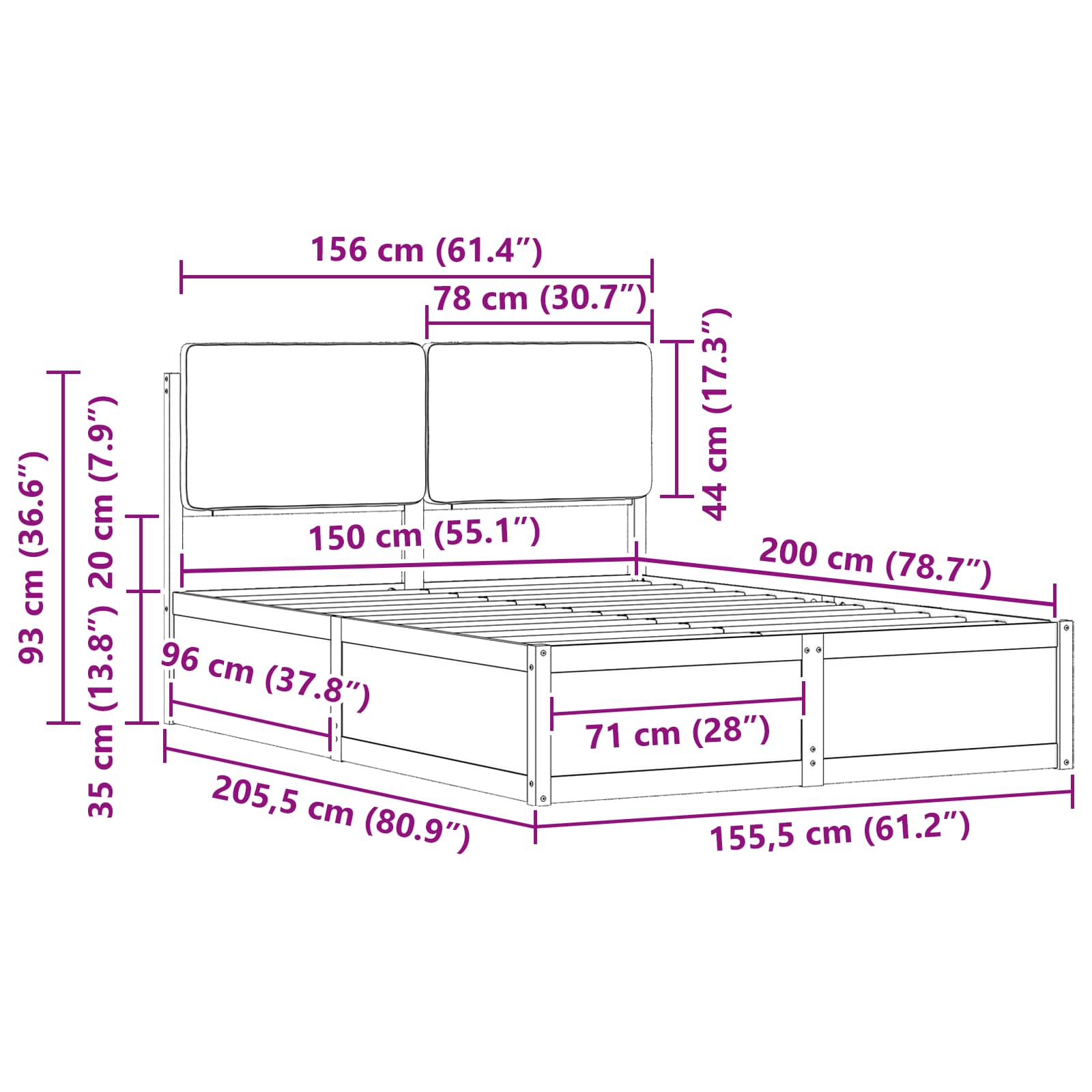 Sängram med Klädd Huvudgavel Taupe 150 x 200 cm Massiv furu