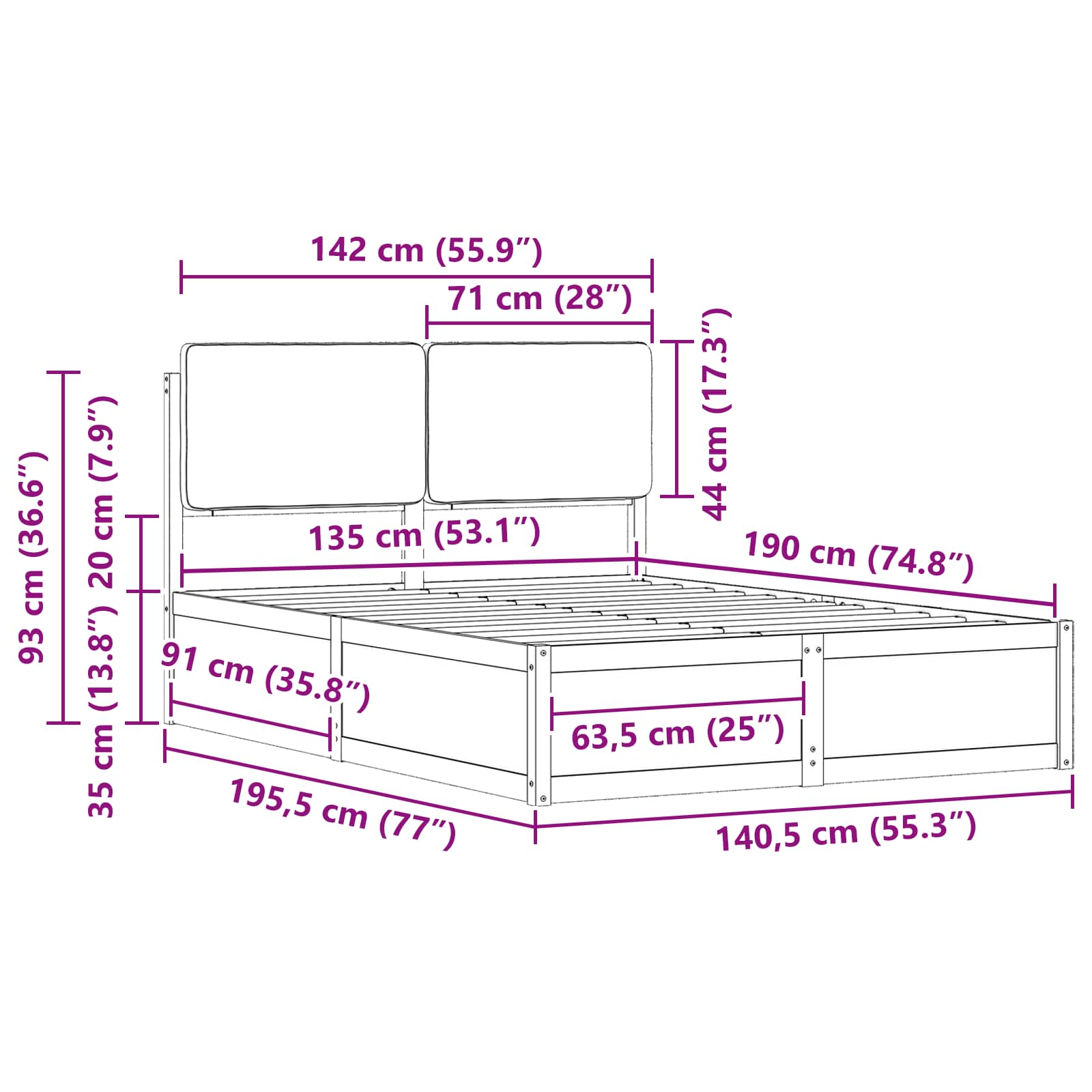 Sängram med Klädd Huvudgavel Svart 135 x 190 cm Massiv furu
