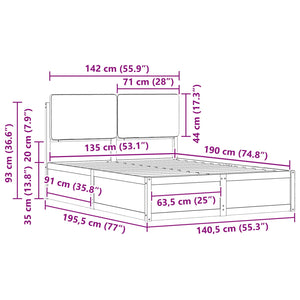 Sängram med Klädd Huvudgavel Svart 135 x 190 cm Massiv furu