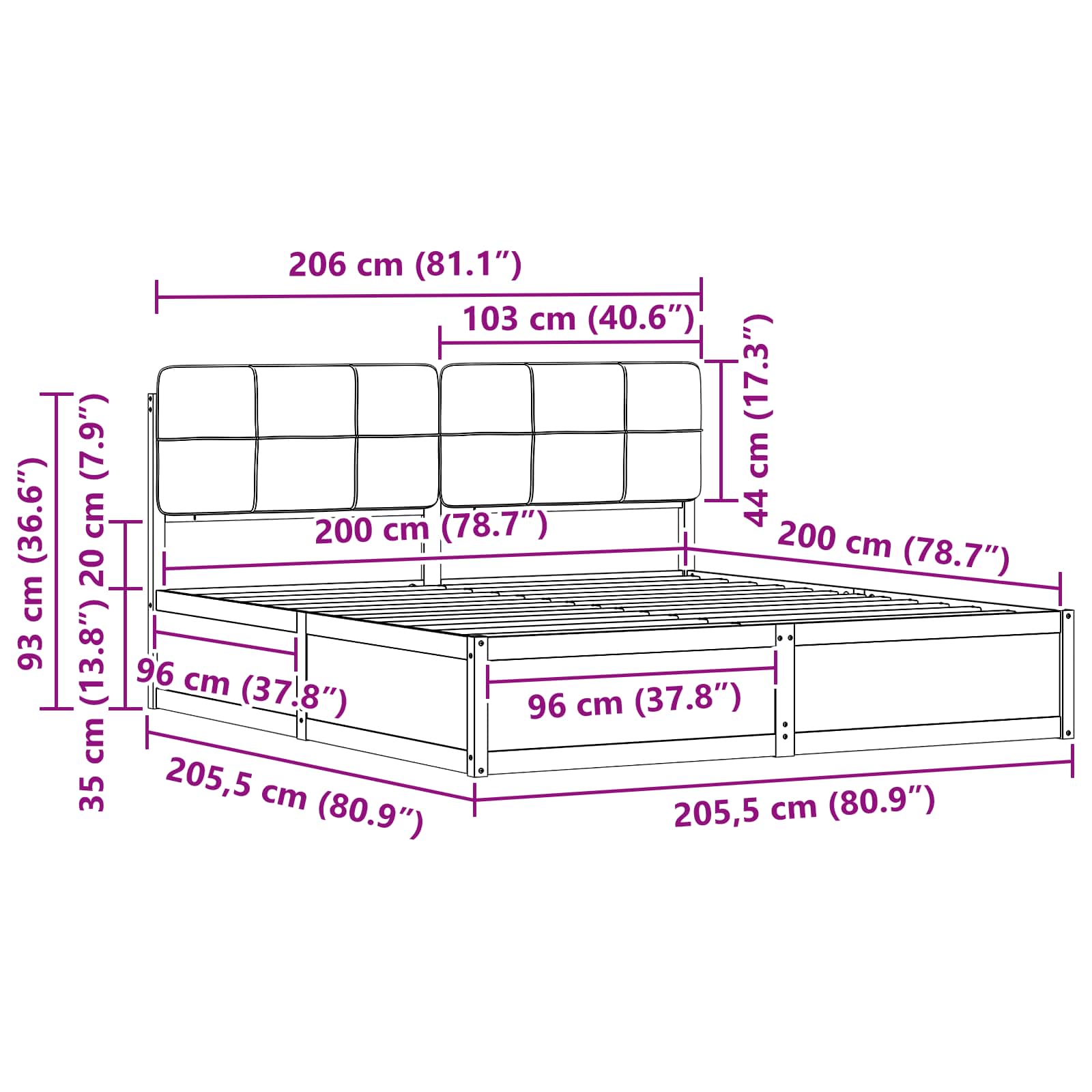 Sängram med Klädd Huvudgavel Svart 200 x 200 cm Massiv furu