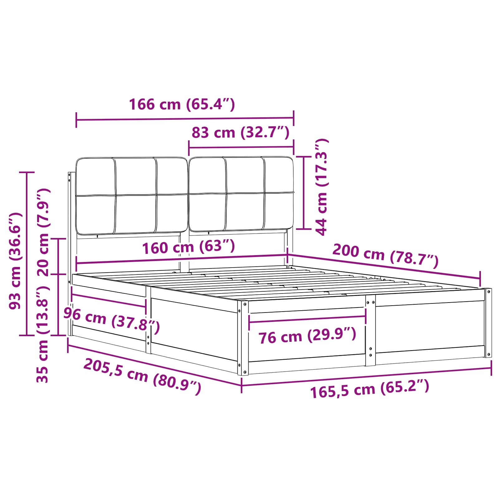 Sängram med Klädd Huvudgavel Ljusgrå 160 x 200 cm Massiv furu