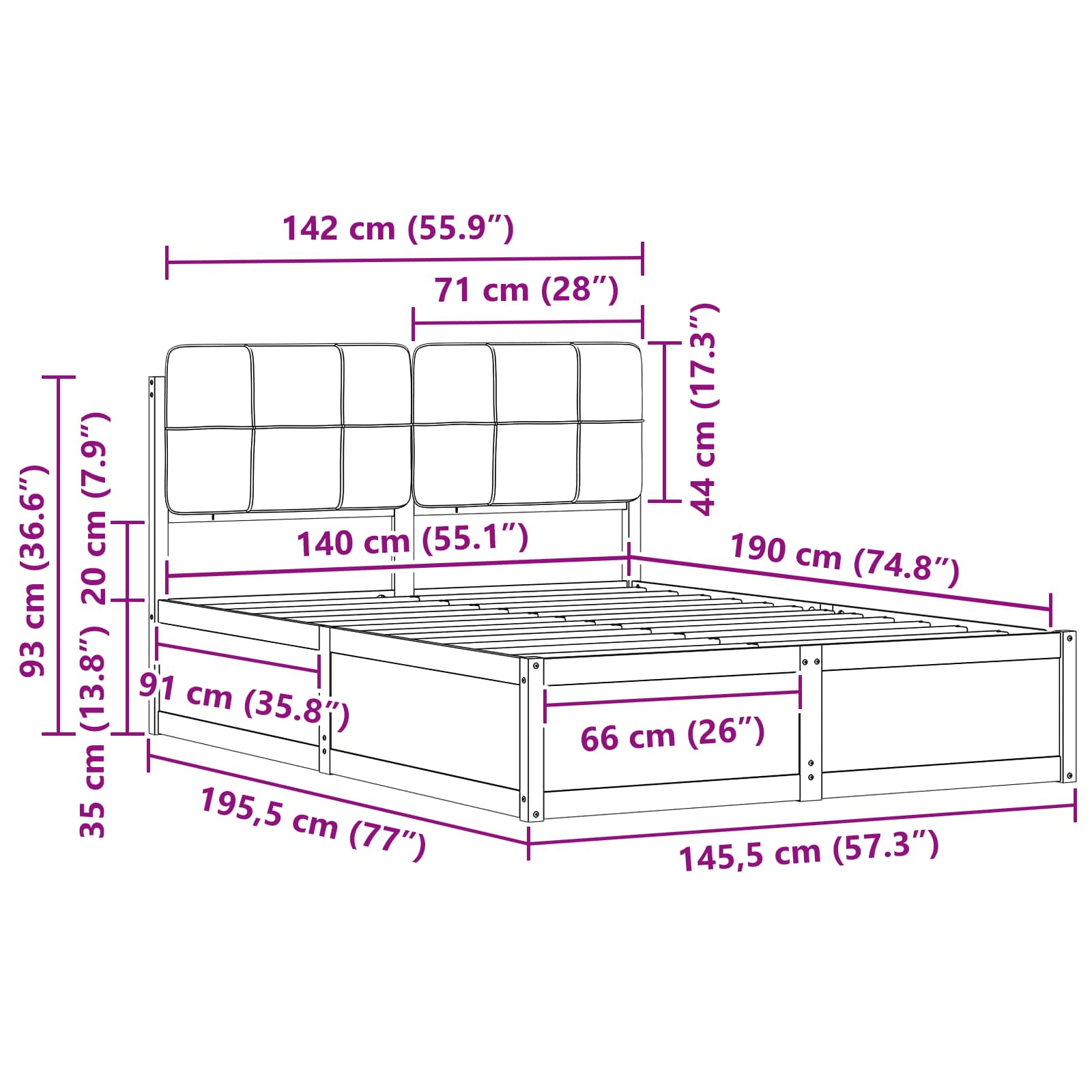 Sängram med Klädd Huvudgavel Taupe 140 x 190 cm Massiv furu