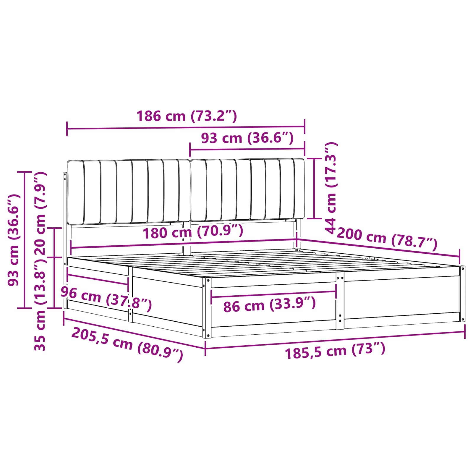 Sängram med Klädd Huvudgavel Ljusgrå 180 x 200 cm Massiv furu