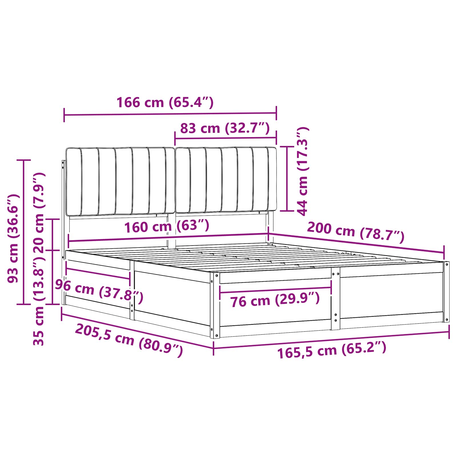 Sängram med Klädd Huvudgavel Taupe 160 x 200 cm Massiv furu