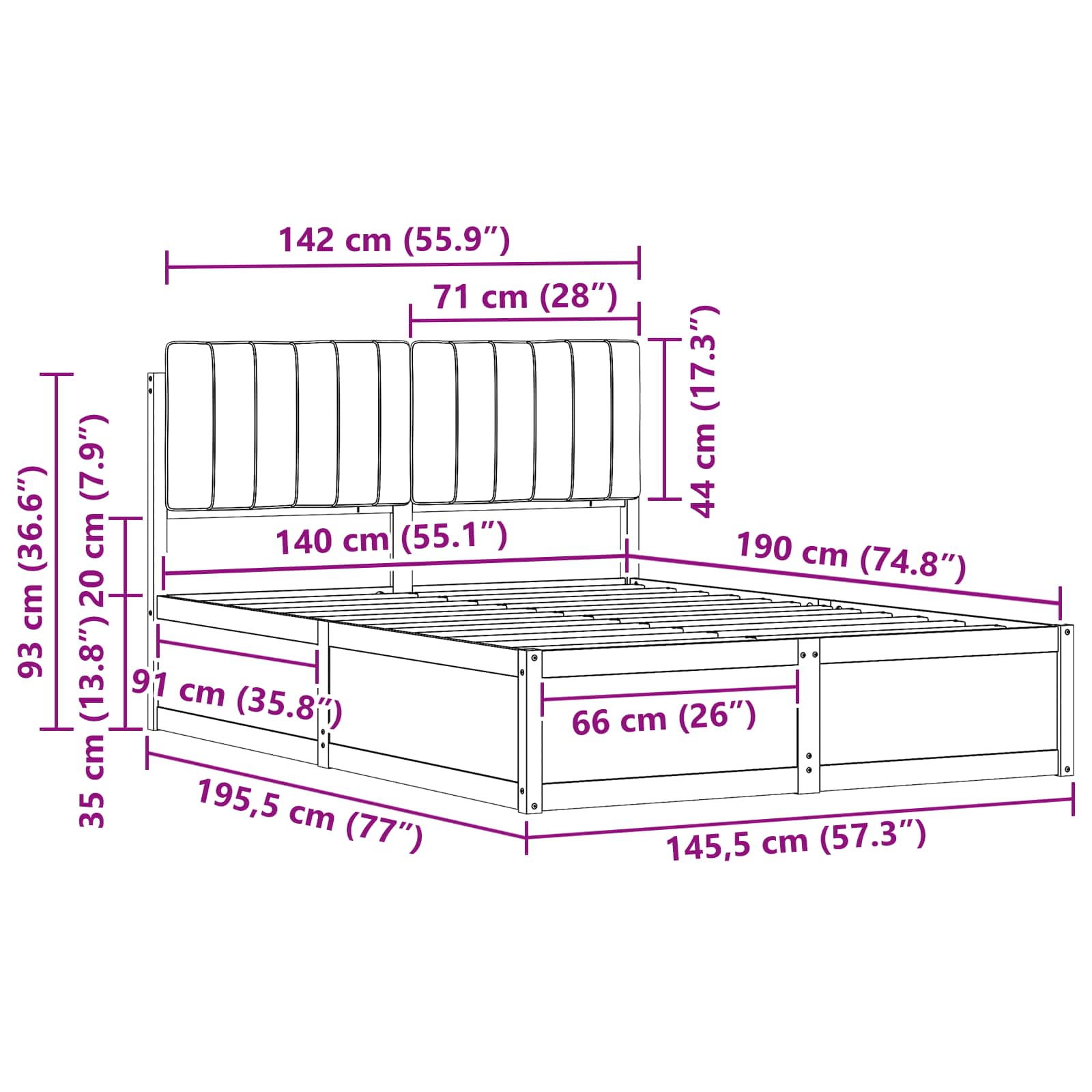 Sängram med Klädd Huvudgavel Svart 140 x 190 cm Massiv furu