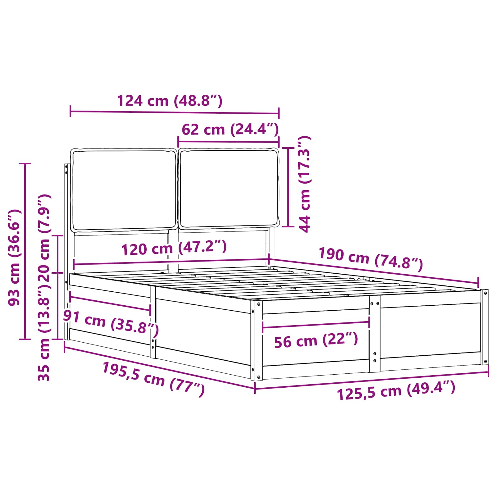Sängram med Klädd Huvudgavel Svart 120 x 190 cm Massiv furu