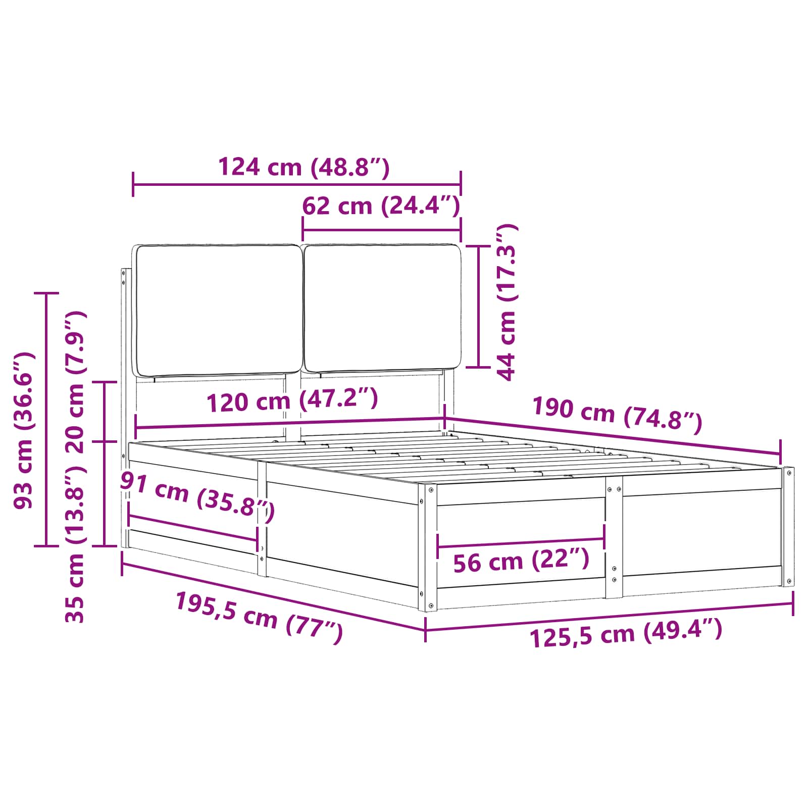 Sängram med Klädd Huvudgavel Svart 120 x 190 cm Massiv furu