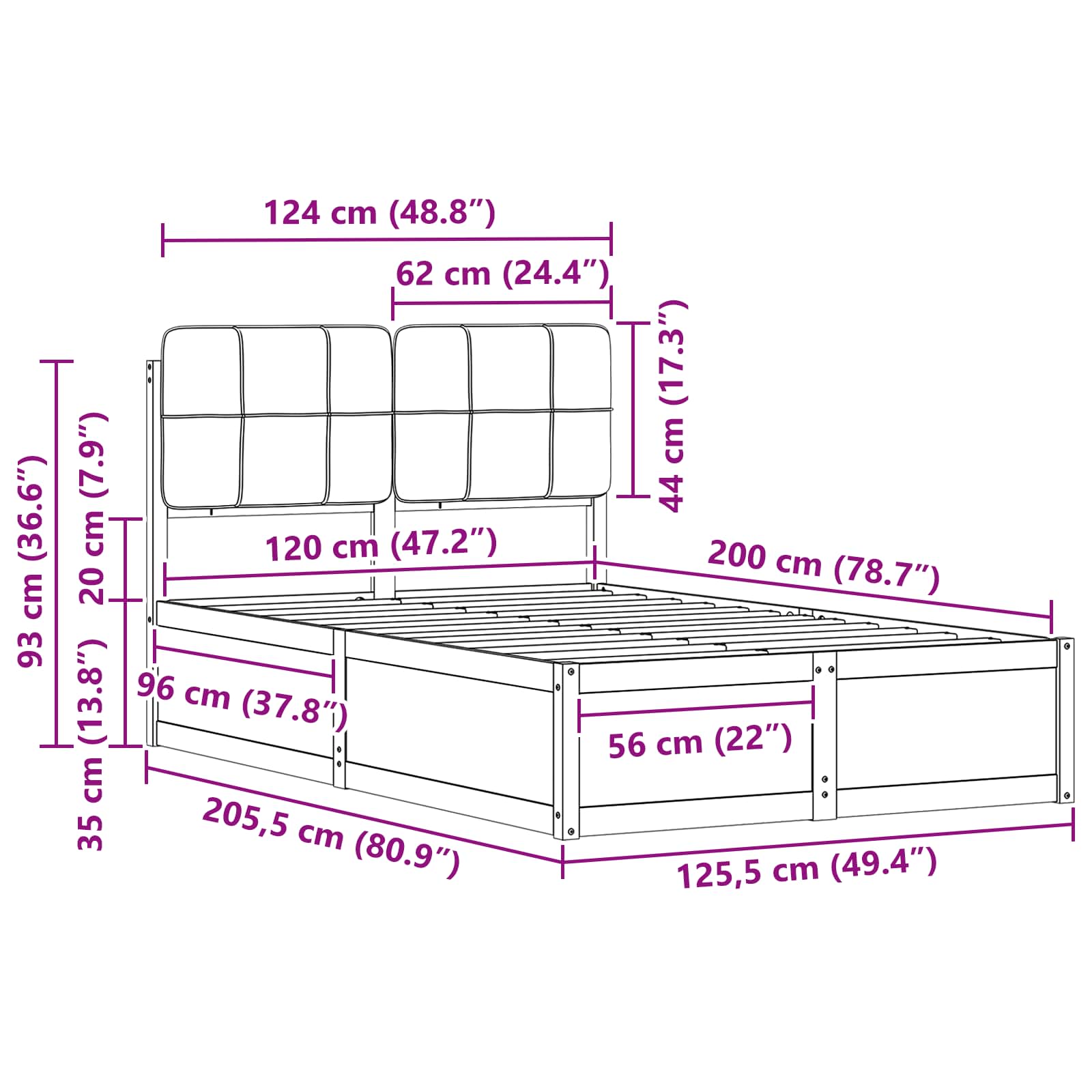 Sängram med Klädd Huvudgavel Svart 120 x 200 cm Massiv furu