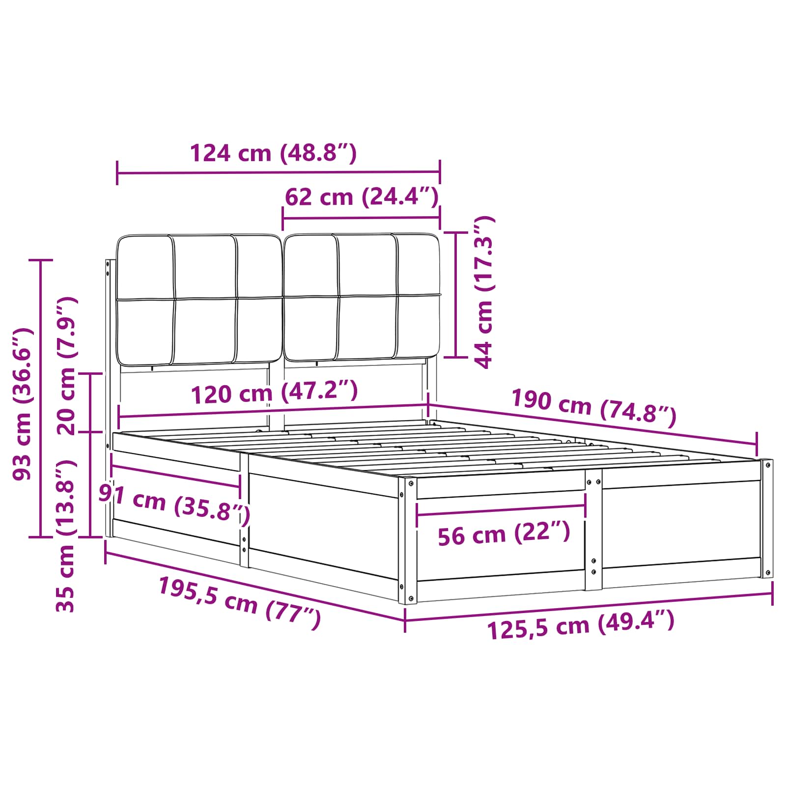 Sängram med Klädd Huvudgavel Ljusgrå 120 x 190 cm Massiv furu