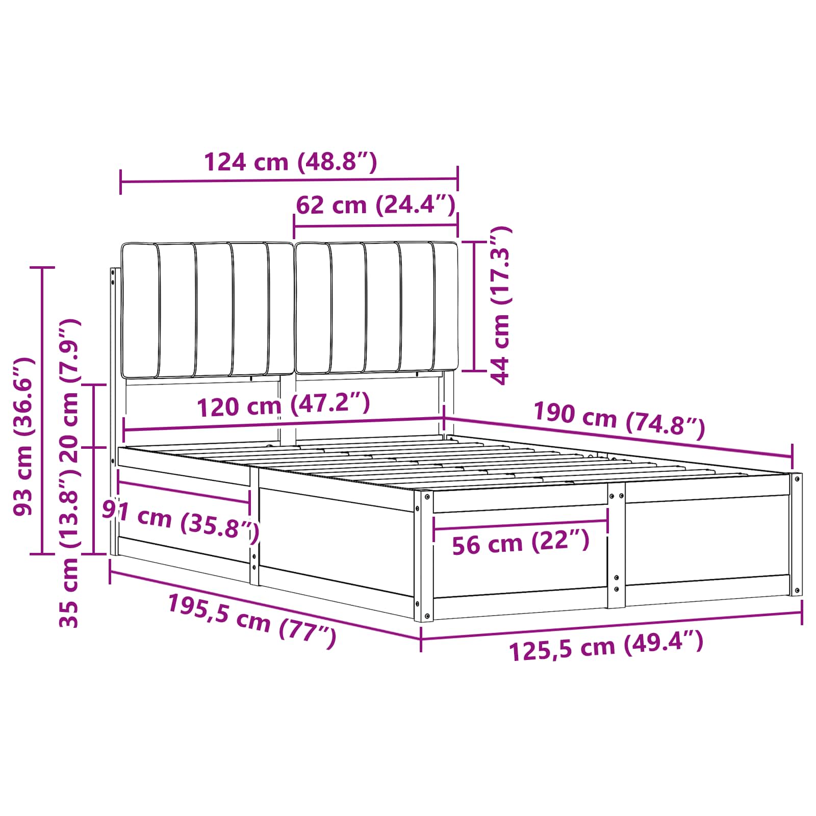 Sängram med Klädd Huvudgavel Ljusgrå 120 x 190 cm Massiv furu