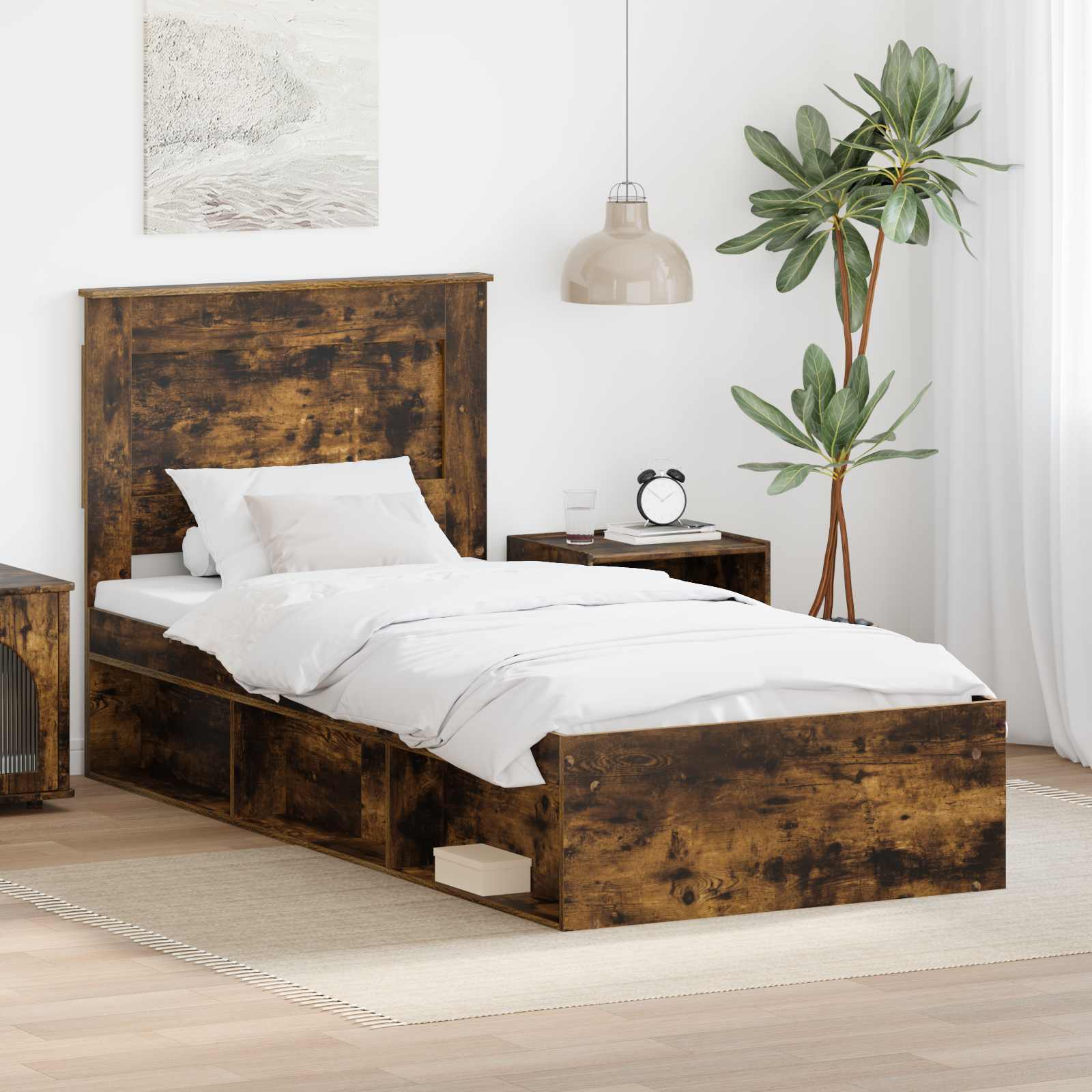 Sängram med låda Enfärgad Rökt ek 100 x 200 cm Massiv furu