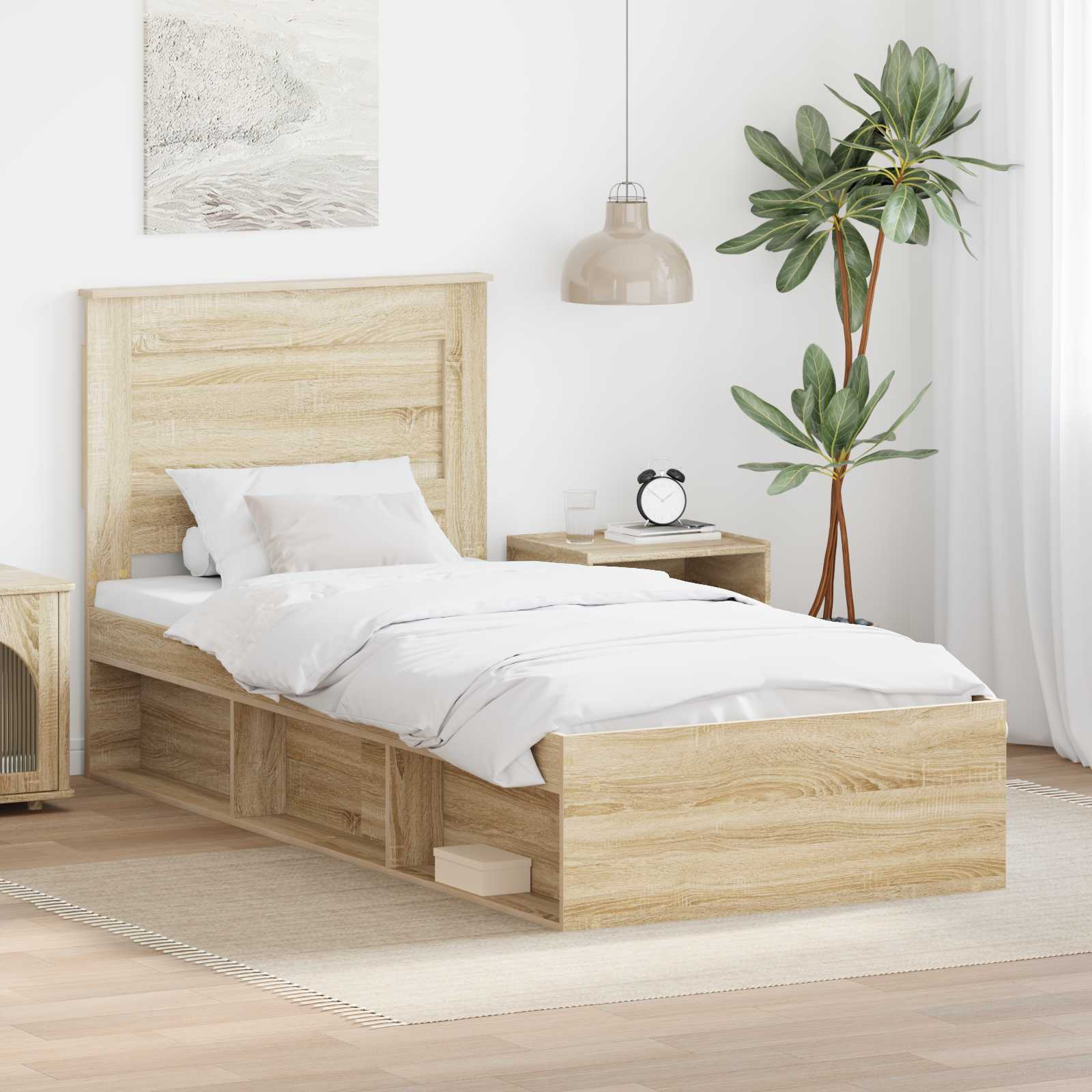 Sängram med låda Enfärgad Sonoma-ek 75 x 190 cm Massiv furu