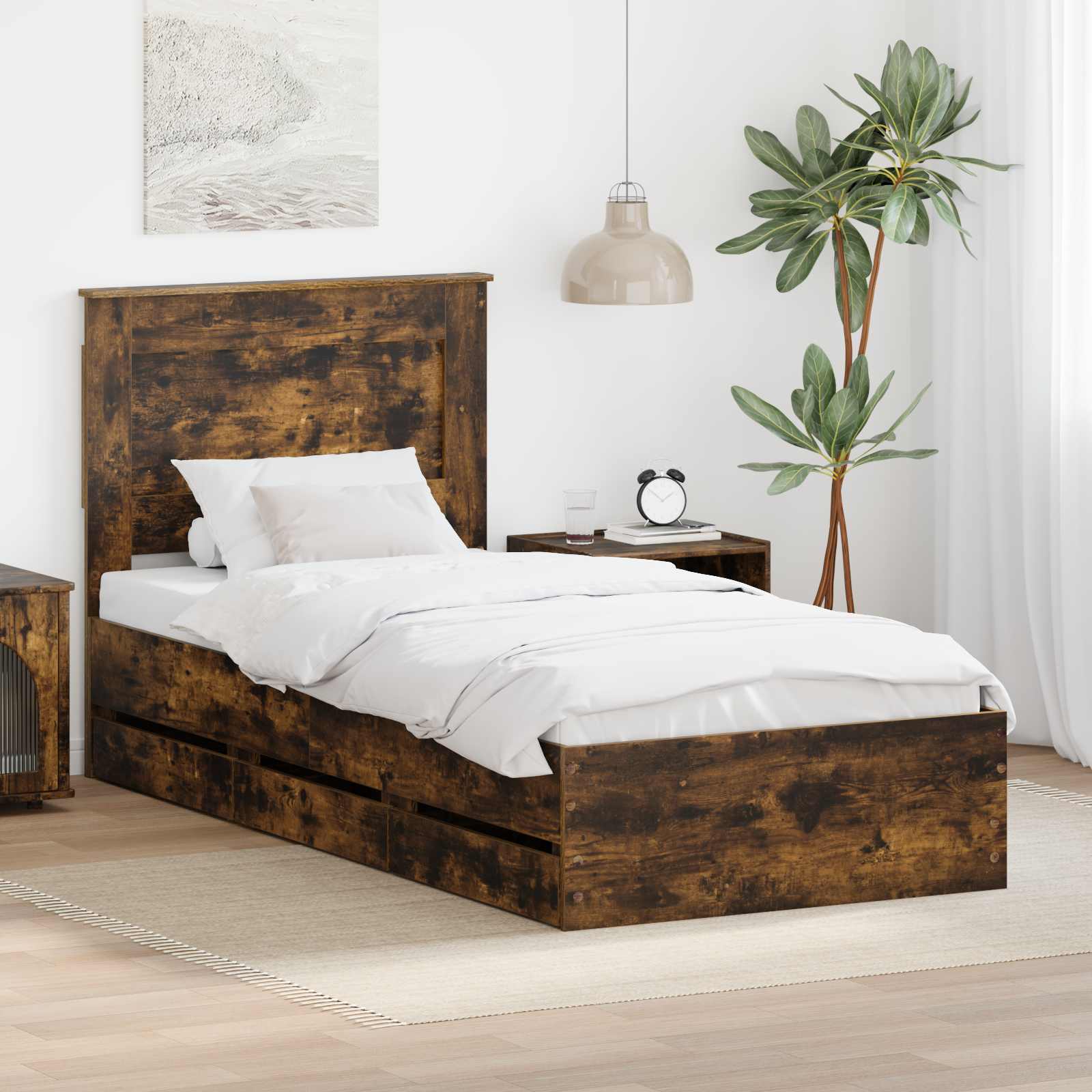 Sängram med låda med lagring Rökt ek 90 x 190 cm Ingenjörsträ