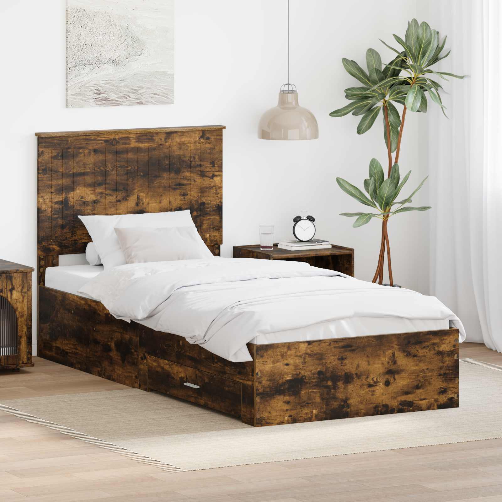 Sängram med låda Rökt ek 90 x 190 cm Konstruerat trä