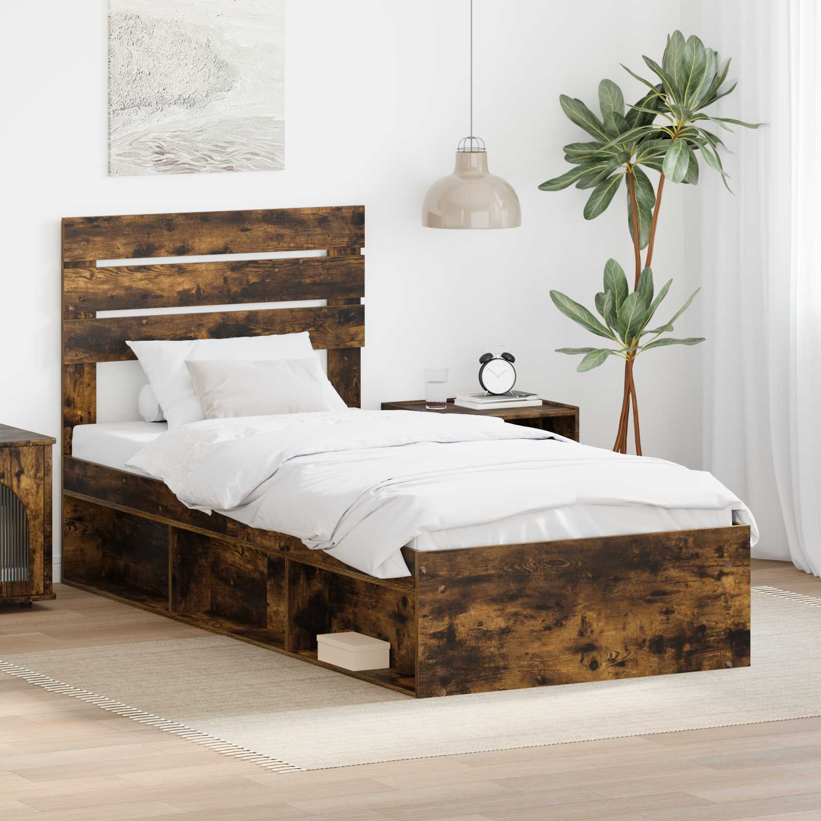 Sängram med huvudgavel Rökt ek 100 x 200 cm Massiv furu