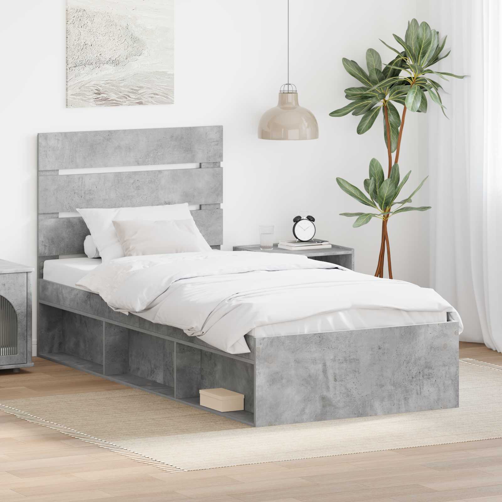 Sängram med huvudgavel Betonggrå 90 x 190 cm Massiv furu