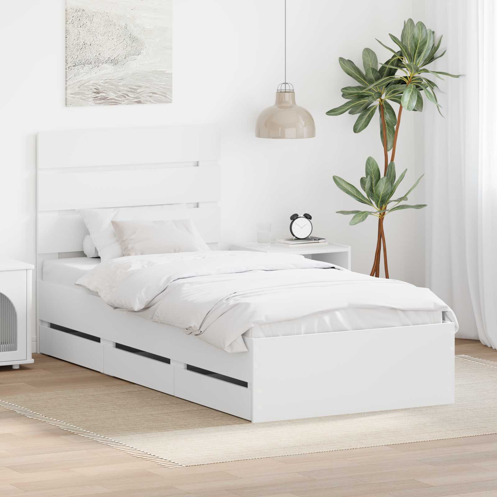 Sängram med låda med huvudgavel Vit 75 x 190 cm Ingenjörsträ