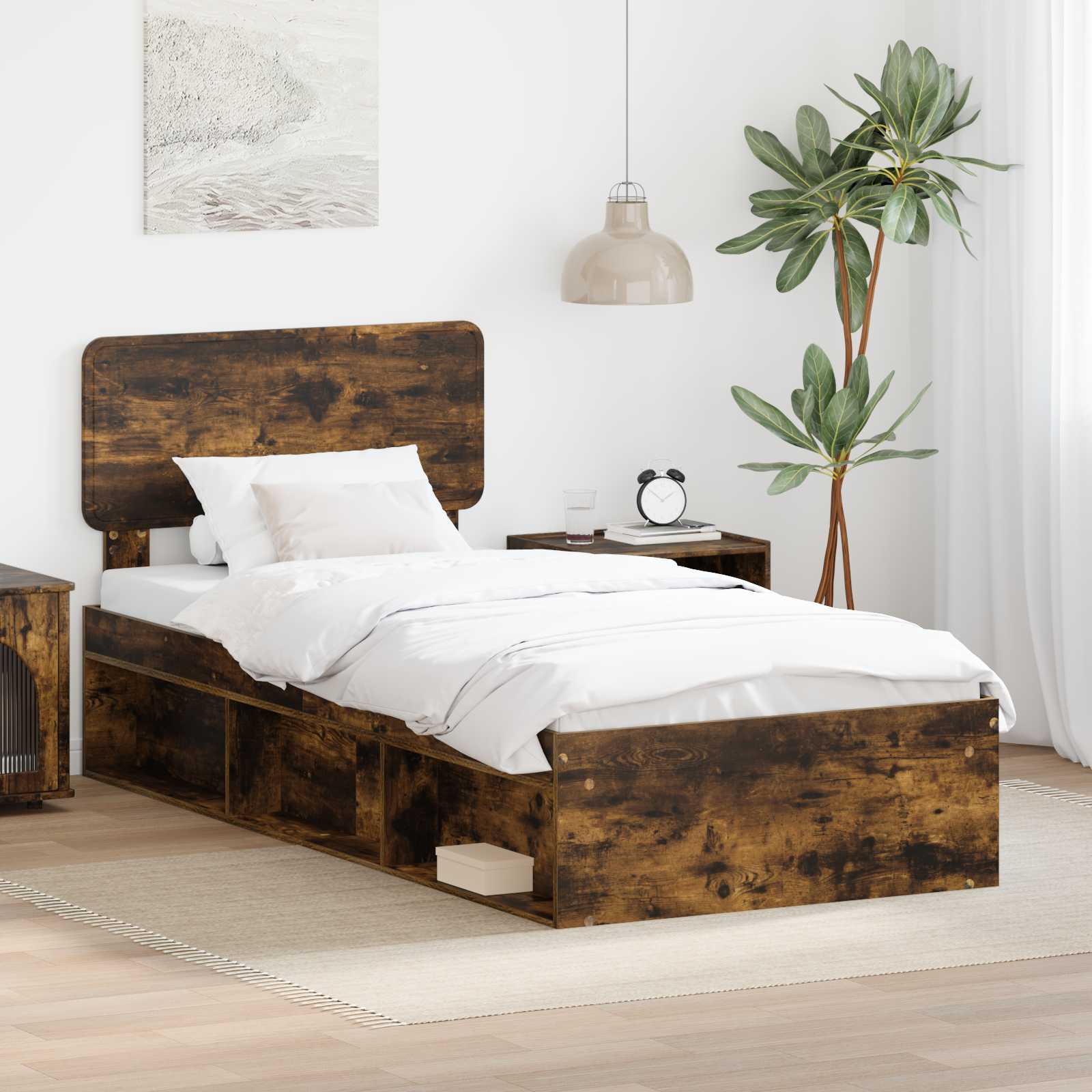 Sängram med huvudgavel Rökt ek 90 x 190 cm Massiv furu