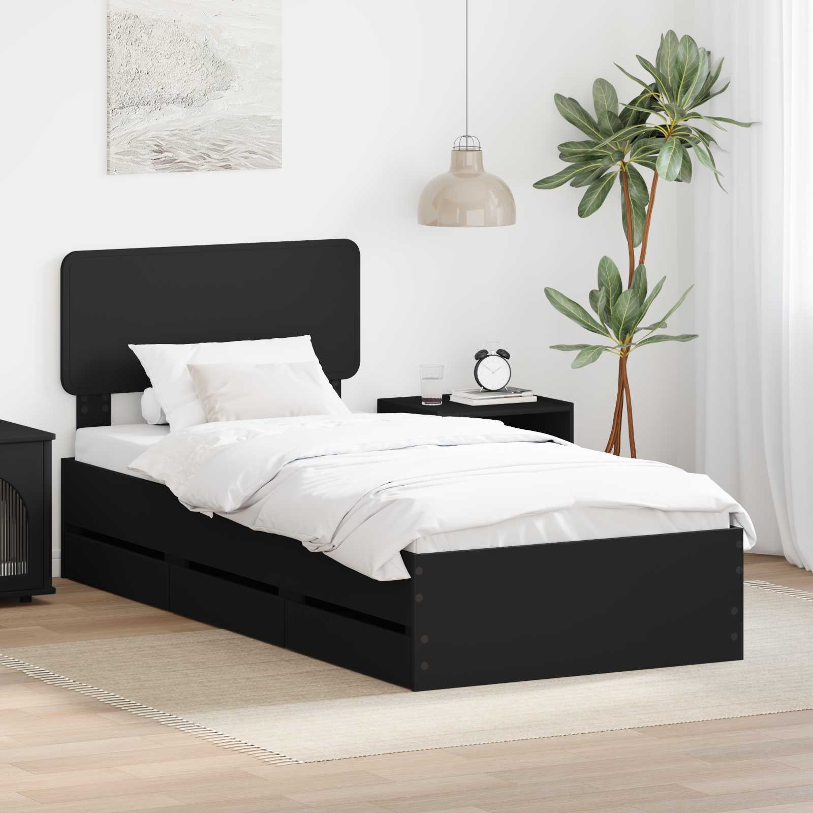 Sängram med låda med lagring Svart 75 x 190 cm Konstruerat trä