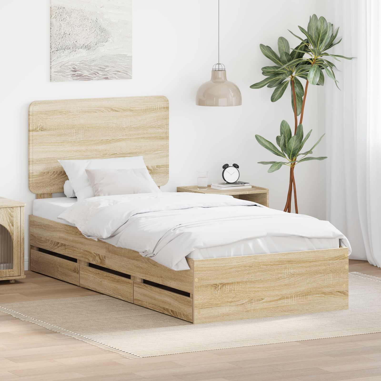 Sängram med låda med lagring Sonoma-ek 75 x 190 cm Ingenjörsträ