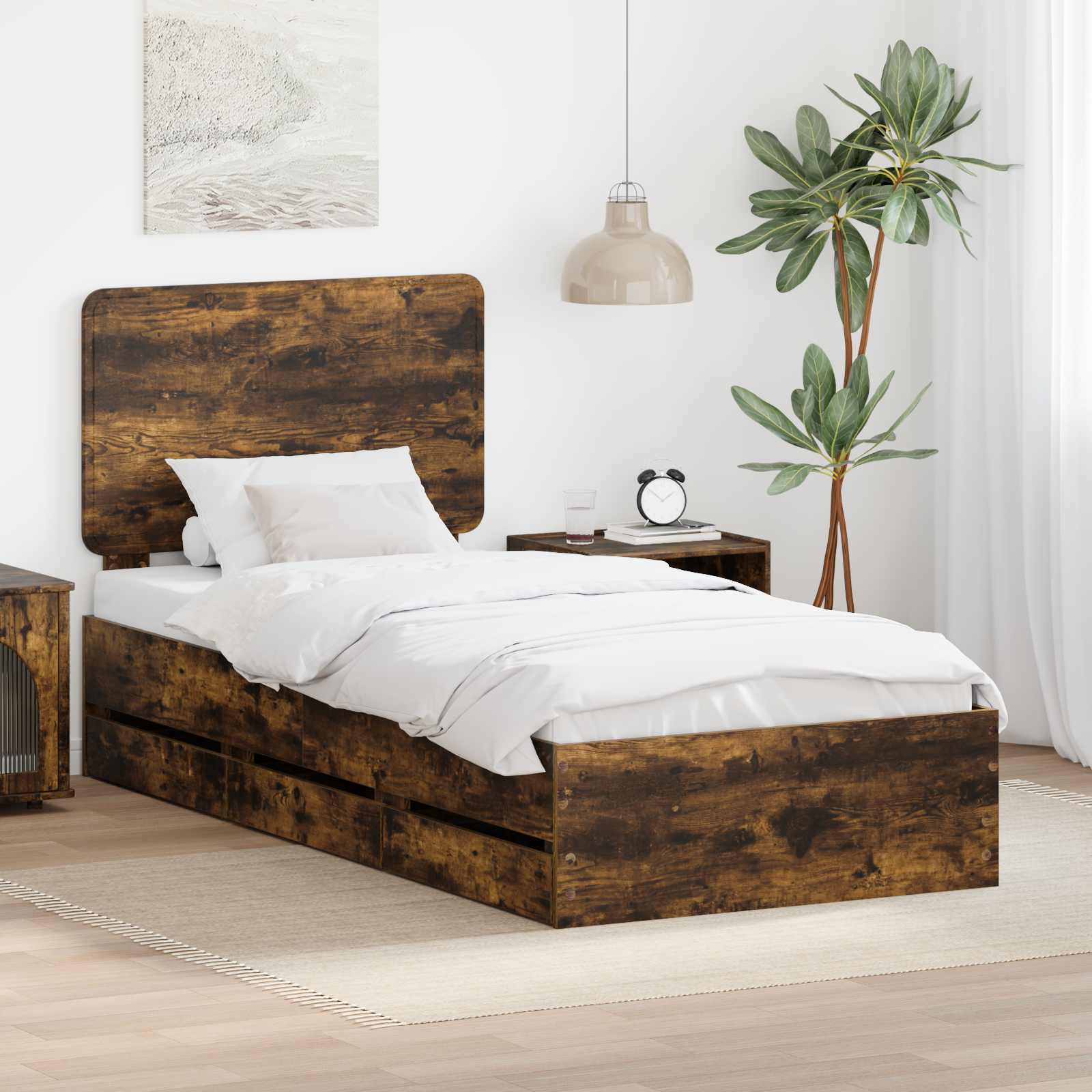 Sängram med låda med lagring Rökt ek 75 x 190 cm Ingenjörsträ