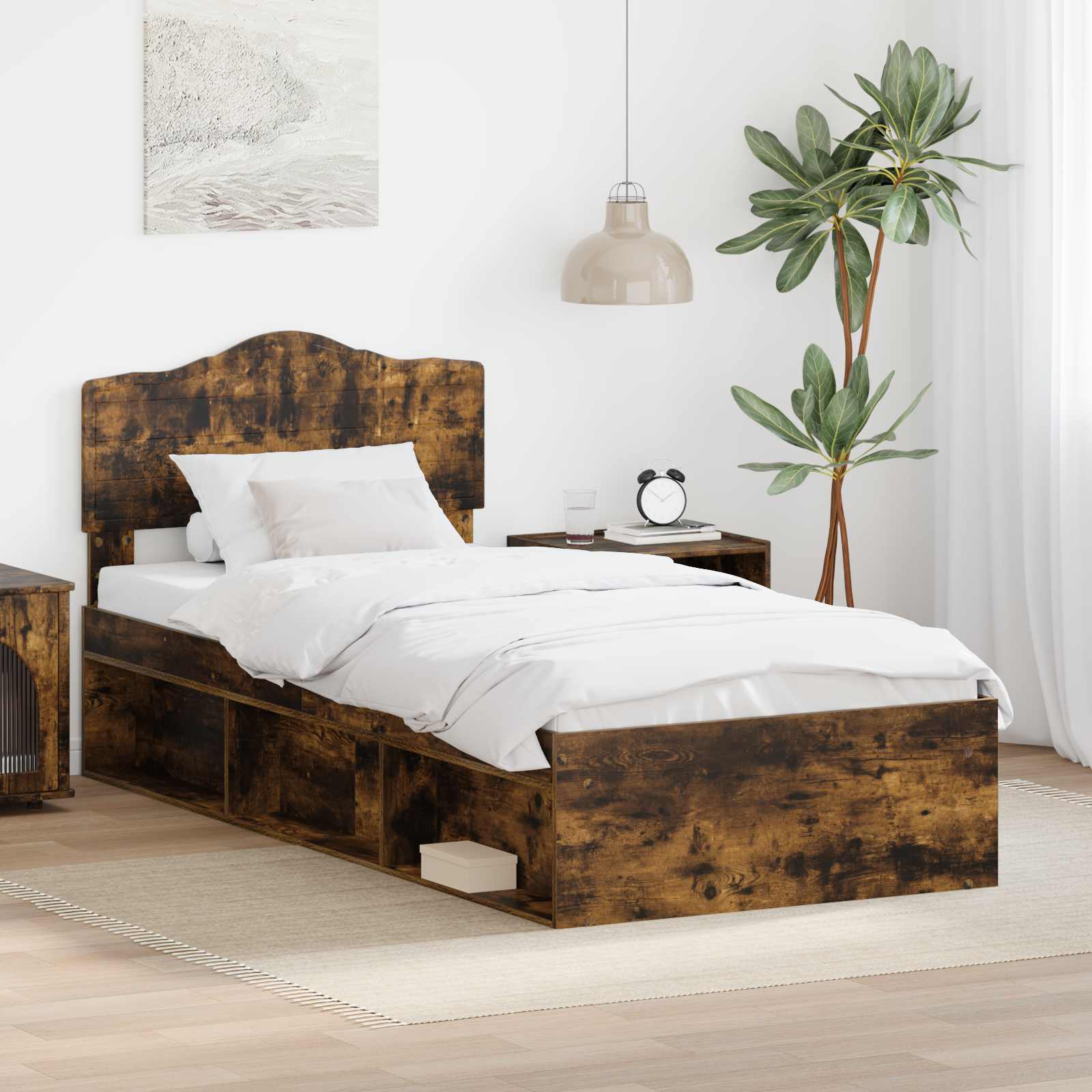 Sängram med huvudgavel Rökt ek 100 x 200 cm Massiv furu