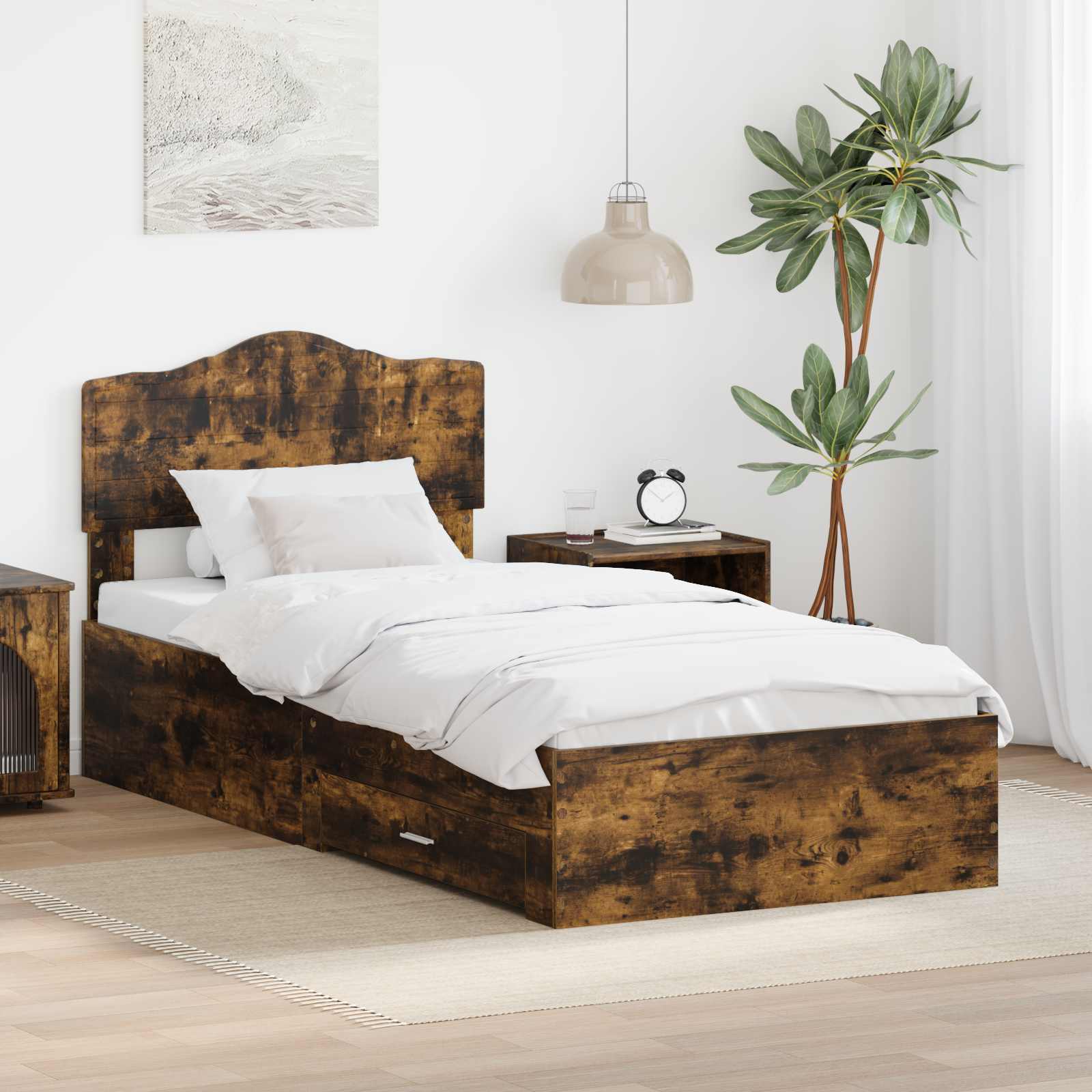 Sängram med låda Rökt ek 70 x 190 cm Konstruerat trä