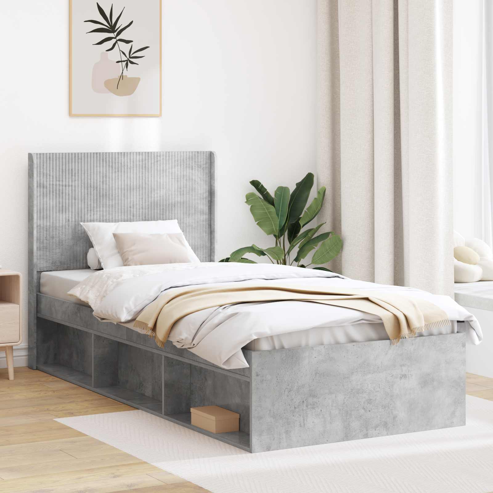 Sängram med förvaring och huvudgavel Betonggrå 75 x 190 cm