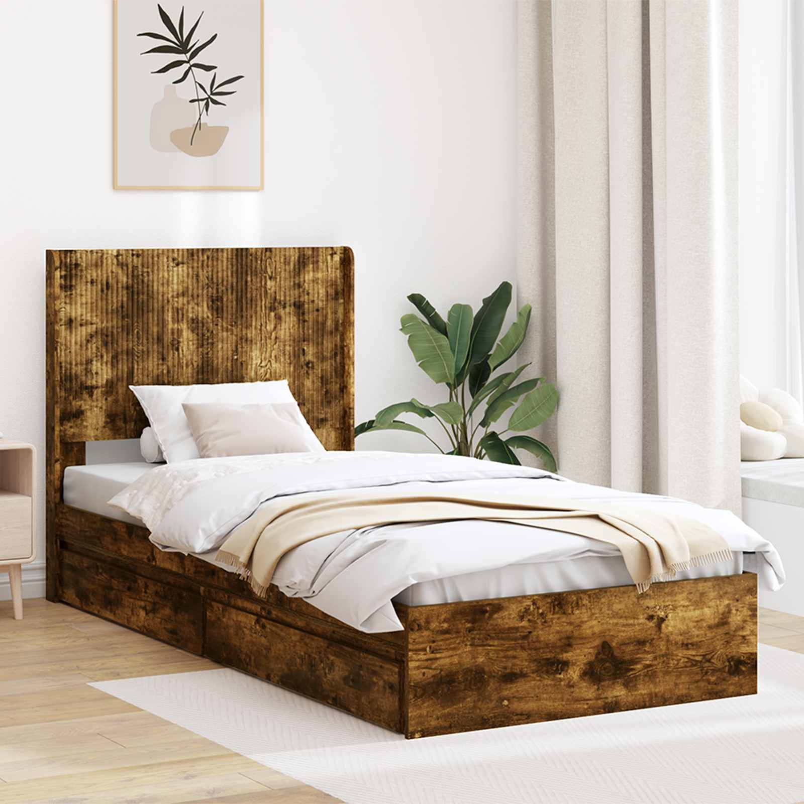 Sängram med förvaring och huvudgavel Rökt ek 100 x 200 cm