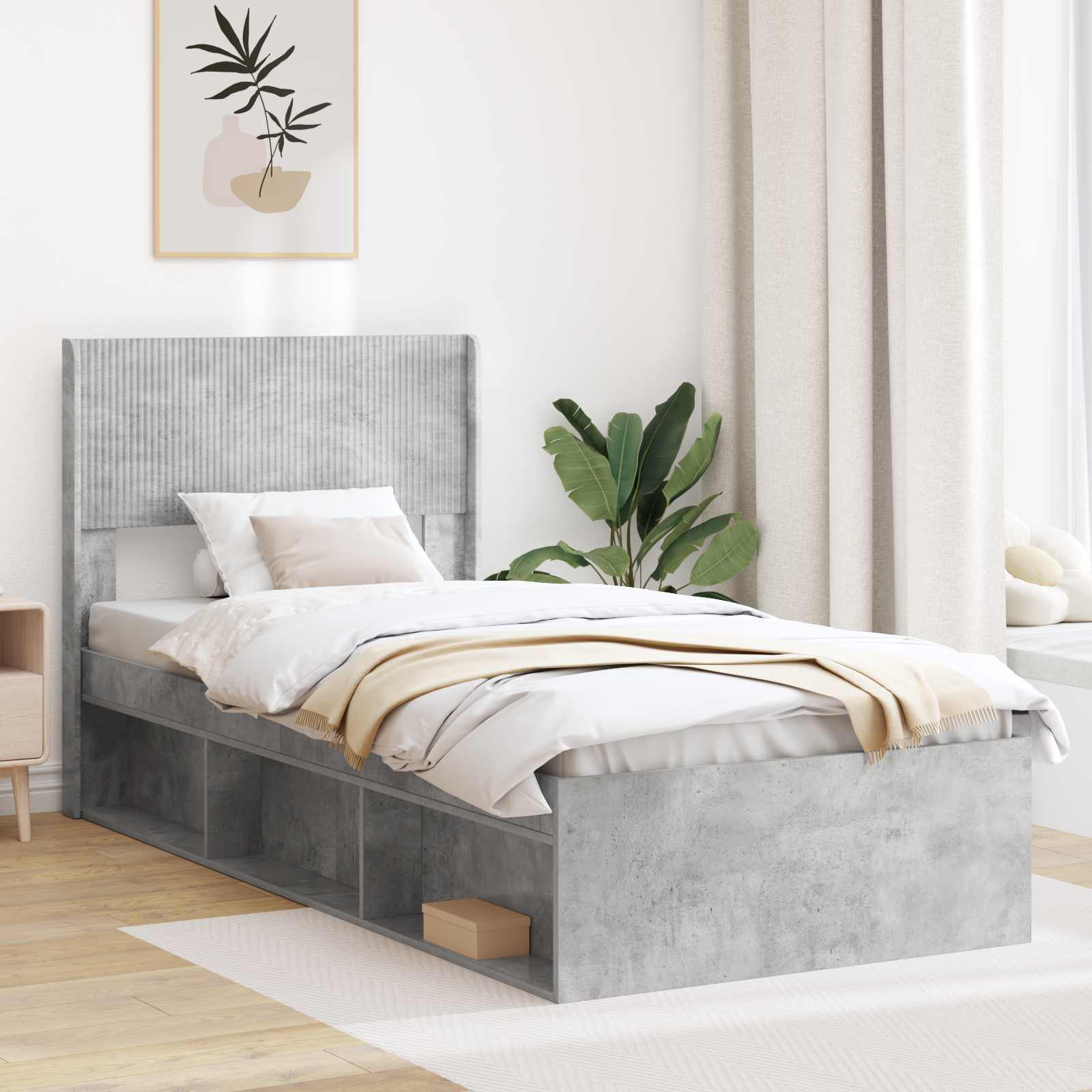 Sängram med förvaring och huvudgavel Betonggrå 75 x 190 cm