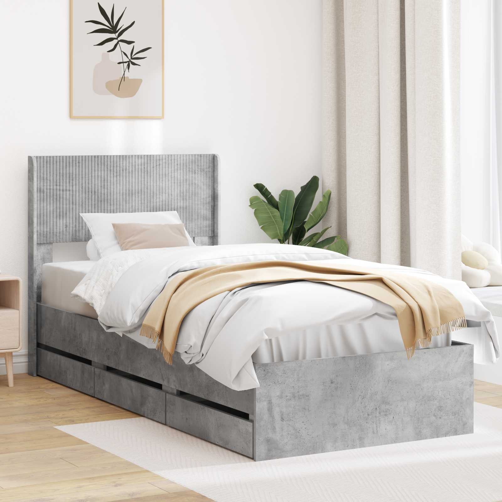 Sängram med förvaring och huvudgavel Betonggrå 90 x 200 cm