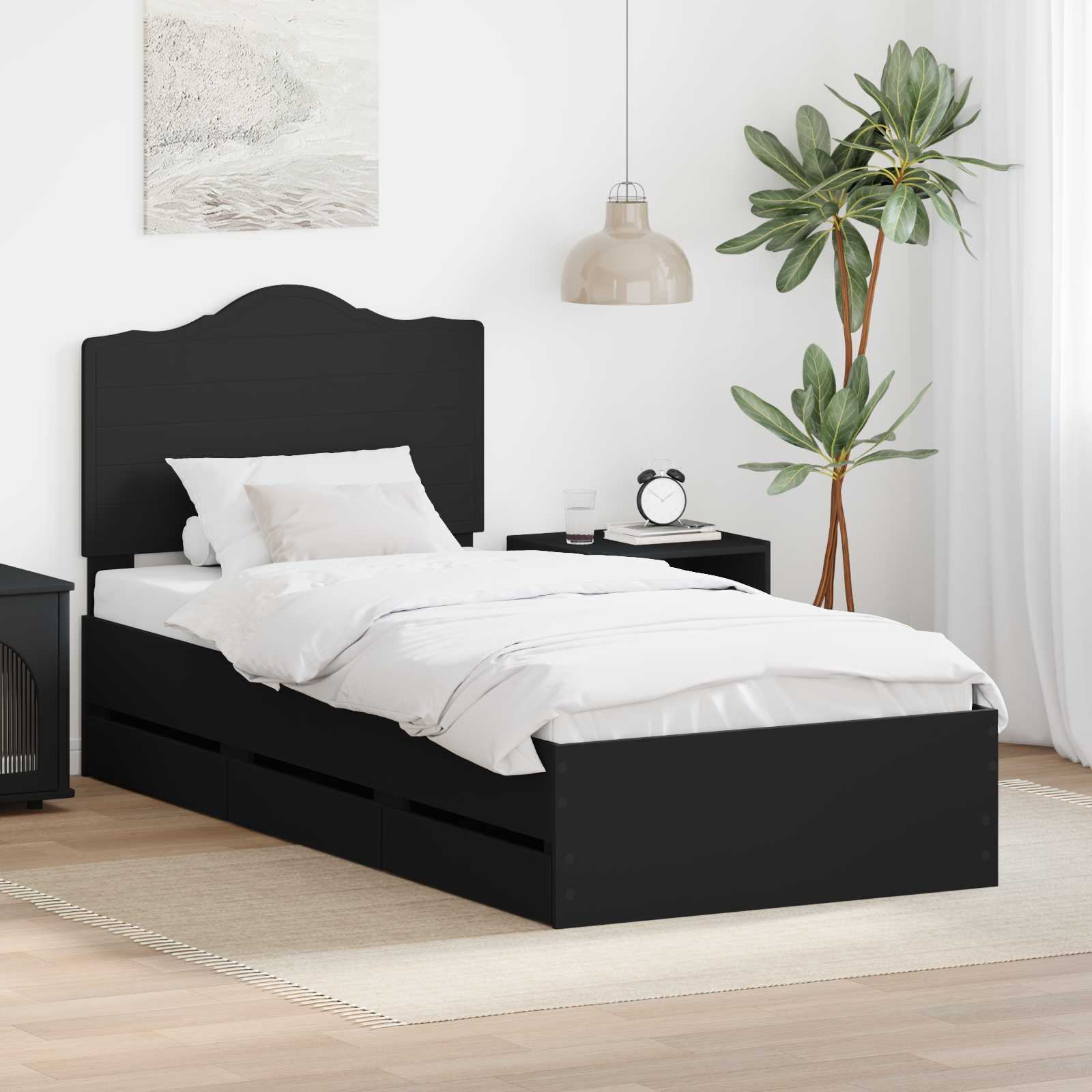 Sängram med låda med huvudgavel Svart 75 x 190 cm Ingenjörsträ