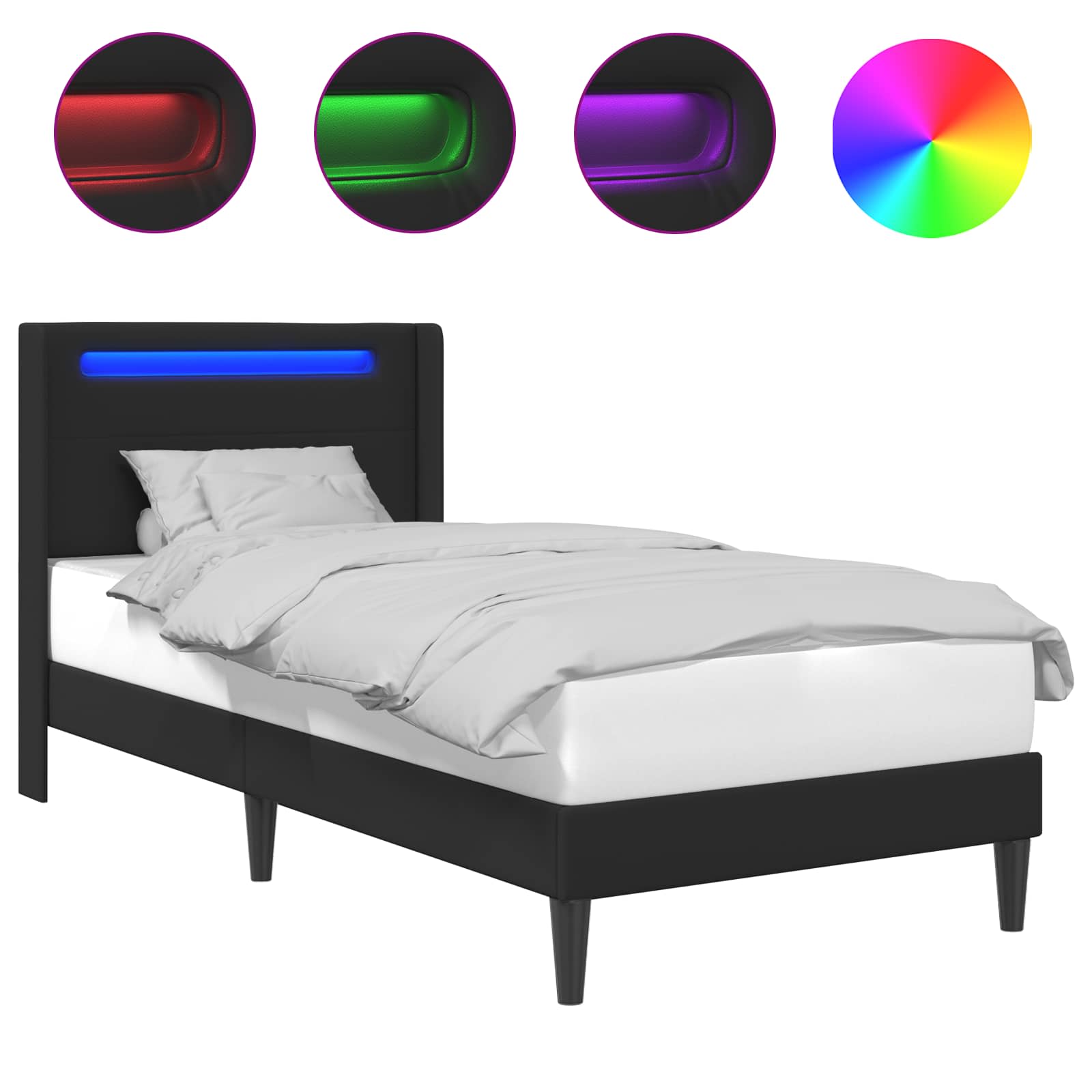 Sängram med LED-ljusslingor Svart 90 x 190 cm Konstläder