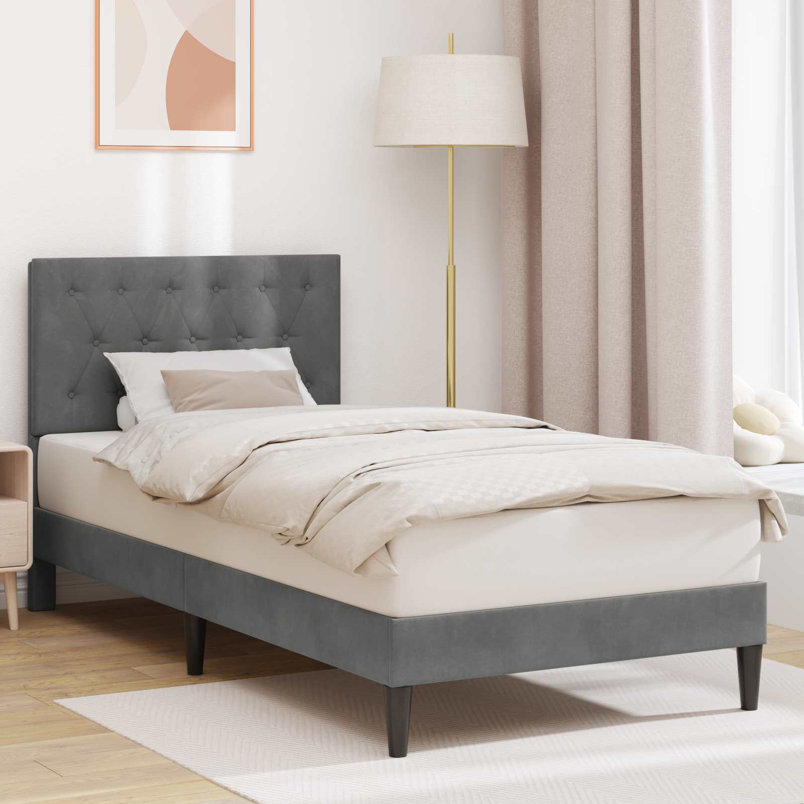 Sängram med huvudgavel Mörkgrå 90 x 190 cm Sammet