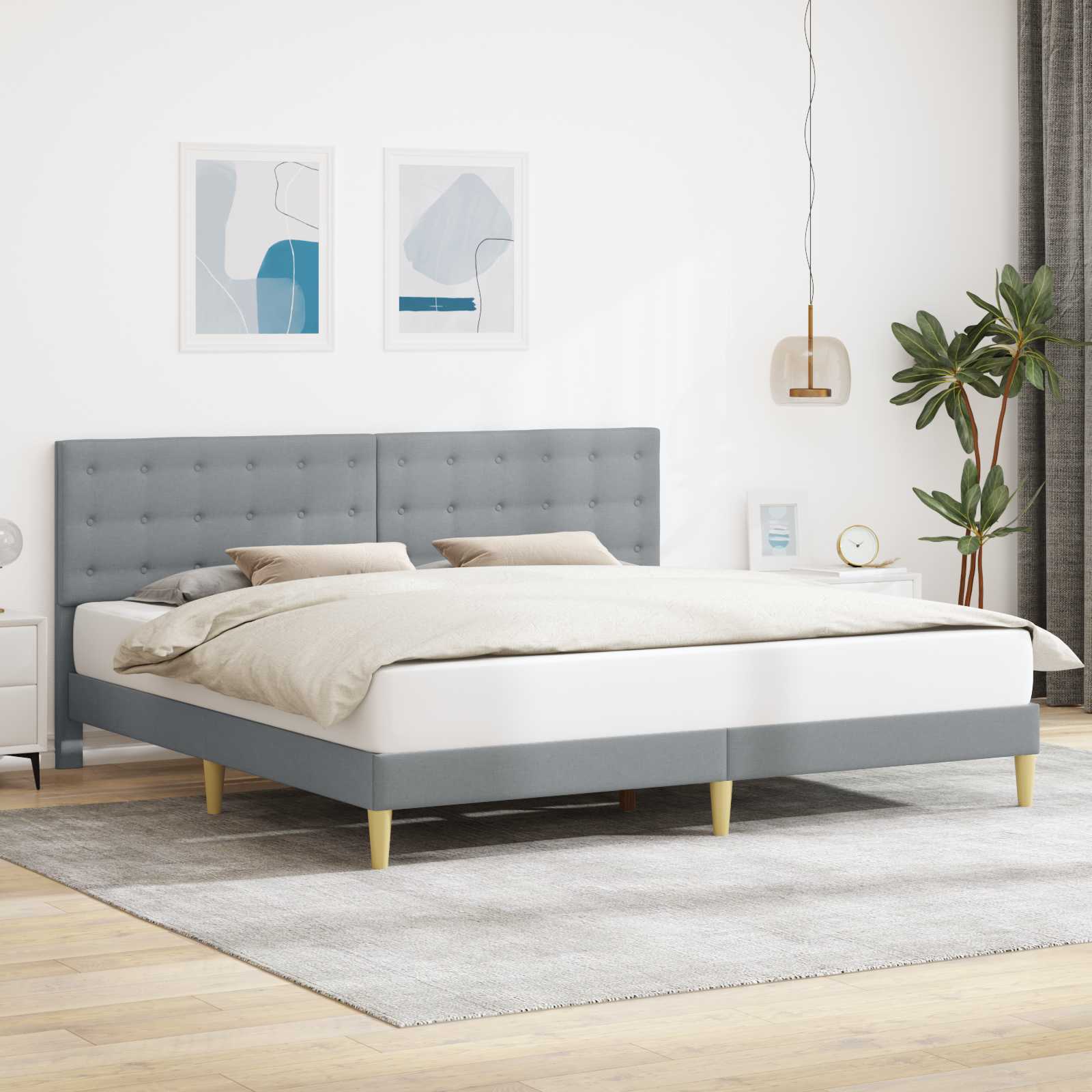 Sängram med huvudgavel Ljusgrå 200 x 200 cm Tyg