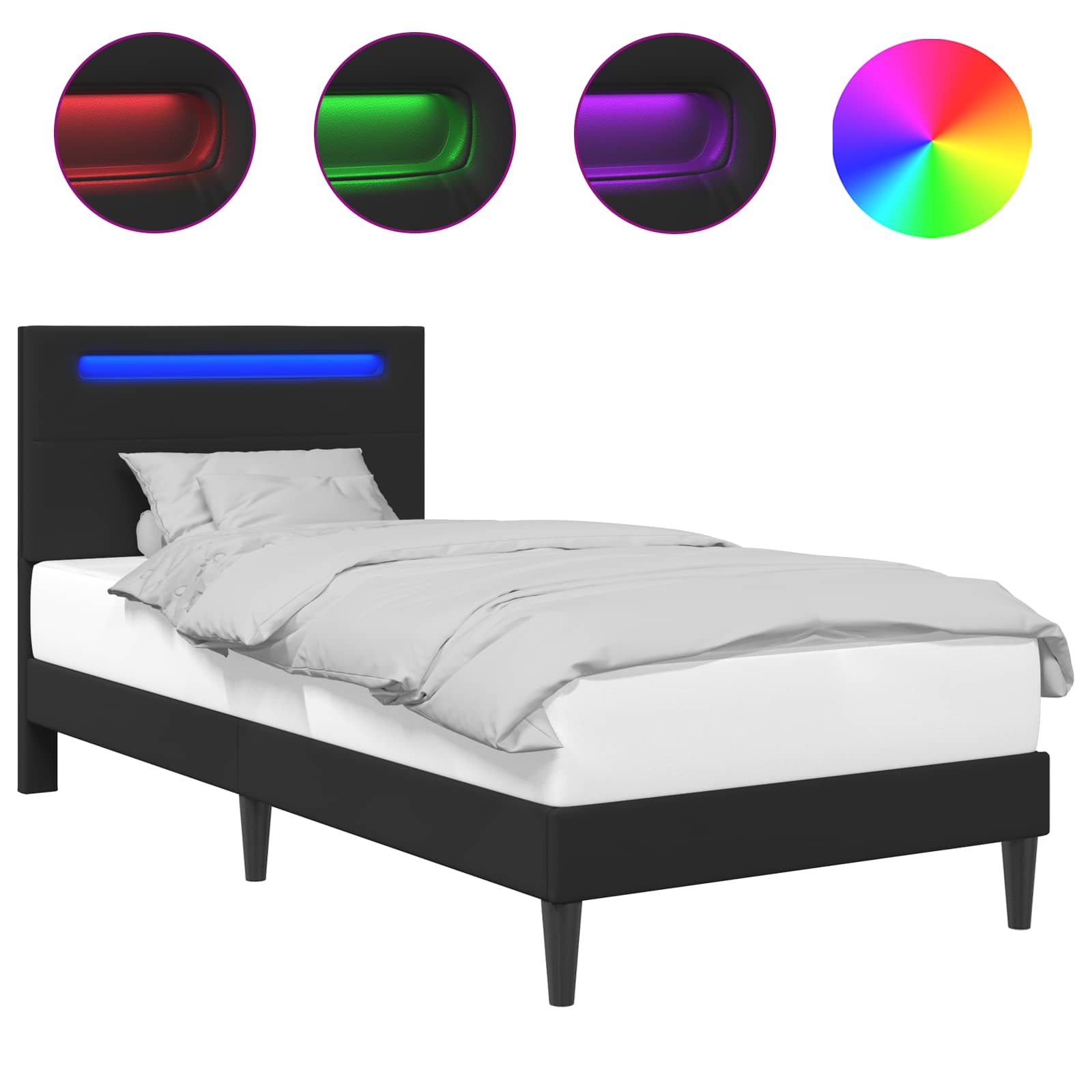 Sängram med LED-ljusslingor Svart 90 x 190 cm Konstläder