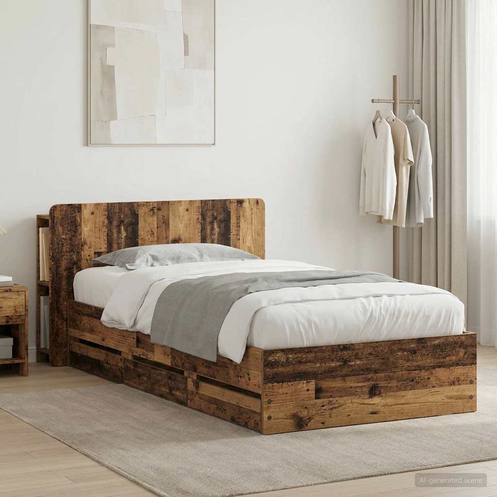 Sängram med förvaring och huvudgavel Gammalt trä 80 x 200 cm