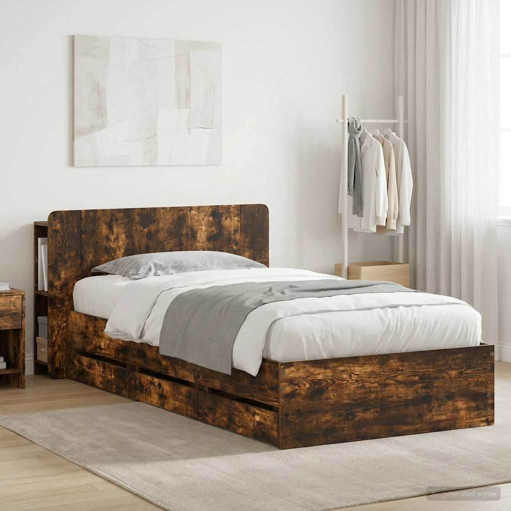 Sängram med förvaring och huvudgavel Rökt ek 100 x 200 cm