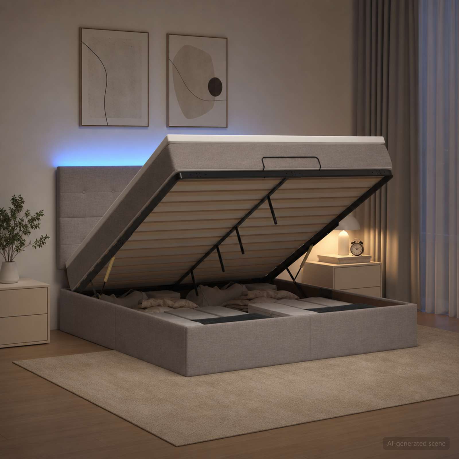 Ottoman-säng med madrass och LED Taupe 180 x 200 cm Tyg